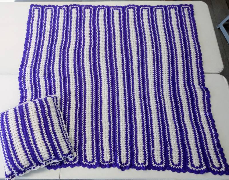 lot 2217 image: Crocheted - Kansas State Purple - AfghanThrow Blanket & Pillow  Soooo Soft