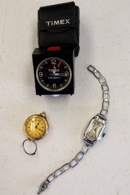 lot 3219 image: Vintage Watch Lot  Wadsworth Rambler Ladies Pocket Watch $ A 7 Jewel Elbon Watch  Bonus Timex Mini Clock