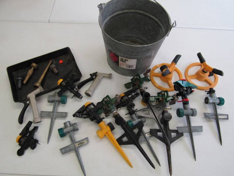 lot 3287 image: 12 Sprinklers & Water Hose Nozzles w Bucket