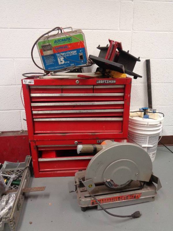 lot 1177 image: Craftsman Tool Box With Miscellaneous tools , Cut Off Saw, Battery Charger