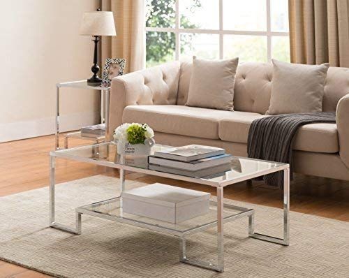 lot 8708 image: Tempered Clear Glass chrome Metal Frame Cocktail Coffee Table With Bottom Shelf
