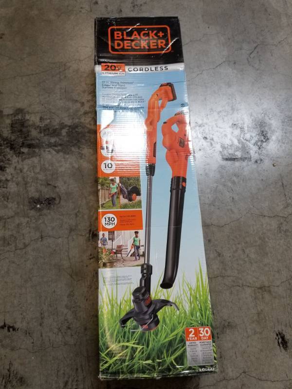 lot 8715 image: Black & Decker LCC222 20V MAX Lithium String TrimmerEdger, Sweeper Plus 2 Battery Combo Kit, 10 , Used