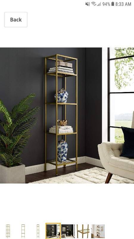 lot 9422 image: Crosley Furniture CF6114-GL Aimee Narrow Etagere Bookcase - Gold and Glass