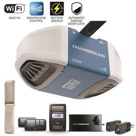 lot 10194 image: Chamberlain 1.25 HP Security Bundle Belt Drive Garage Door Opener with Built-In WiFi and Battery Back-Up