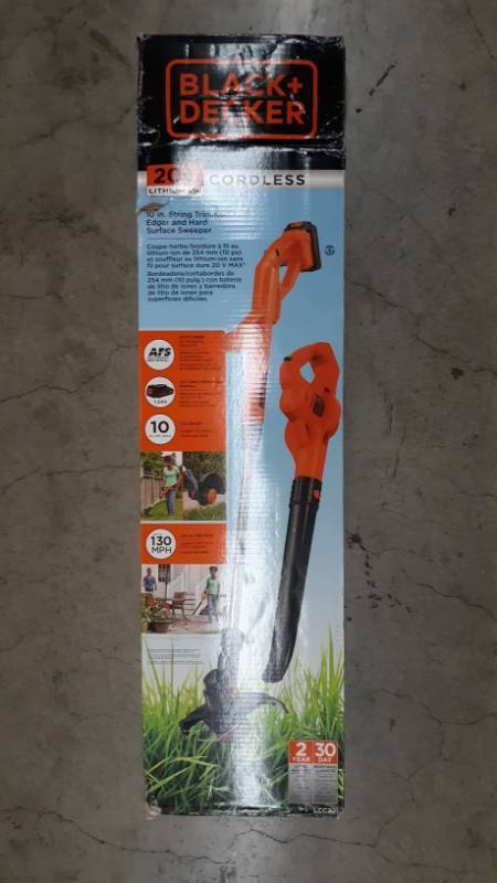 lot 10641 image: 20V Max Lithium 10 String TrimmerSweeper Combo LCC221 - Orange - Blackdecker, Both Appear Used But Are Both Functional