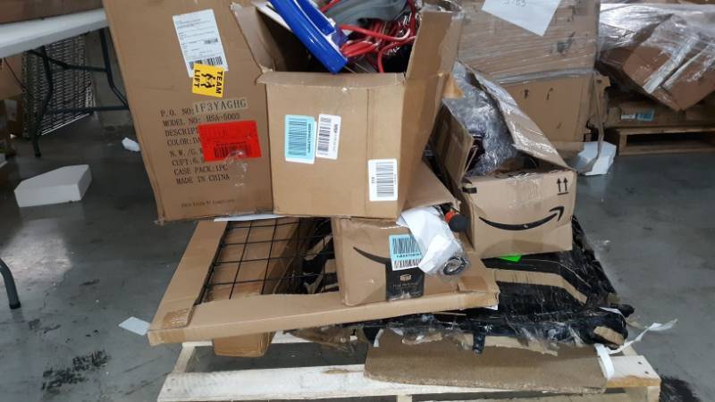lot 10730 image: Assorted Pallet of Damaged Items, Furniture, Vacuum, Fishing Rod, etc.
