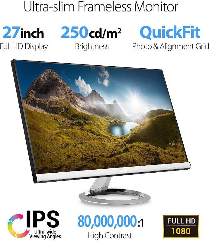 lot 3365 image: Asus Designo MX279HS Monitor - 27  Full HD (1920x1080), IPS LED with 178° Wide-View, Frameless, 1080P, Low Blue Light Eye Care HDMI VGA