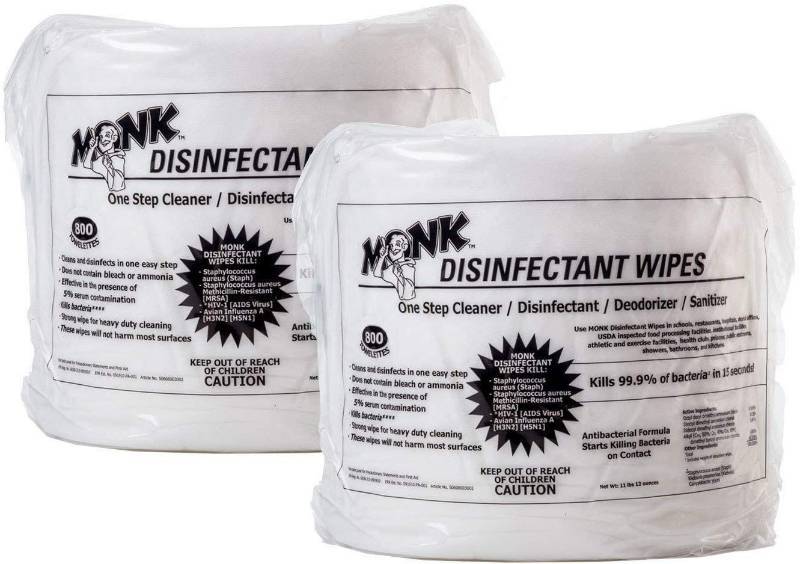 lot 3417 image: Monk Disinfecting Gym Wipes, One Step Cleaner, Disinfectant, Deodorizer and Sanitizer, 2 Refill Pack of 800 Count Wipes, Great for Fitness Equipment, Yoga Mats, Dance Studios, Spinning Classes & More