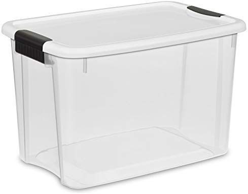 lot 8760 image: STERILITE 19859806, 30 Quart28 Liter Ultra Latch Box, Clear with a White Lid and Black Latches