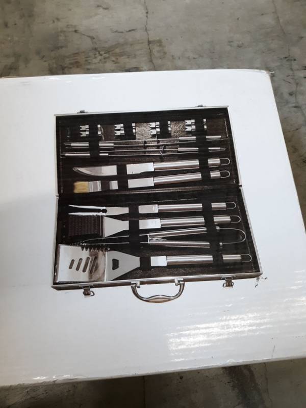 lot 9604 image: 18-Piece Deluxe Stainless Steel BBQ Tool Set With Aluminum Storage Case - Includes Spatula with Bottle Opener, Fork, Grill Tongs, Knife, Grill Basting Brush - Lifetime Warranty