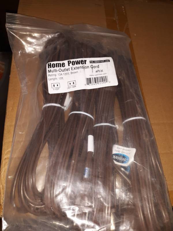 lot 10258 image: Conntek 4BW115T-180 2-Prong Indoor Household Extension Cord (Pack of 4), 15-Feet, 13-Amp