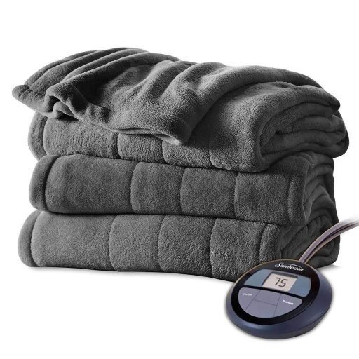 lot 10825 image: Sunbeam Channeled Velvet Plush Electric Heated Blanket, King Size, Slate Gray