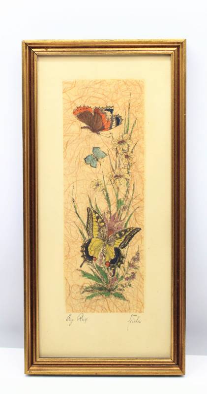 lot 1867 image: Butterflies on Rice Paper Framed Art - Appears to be signed