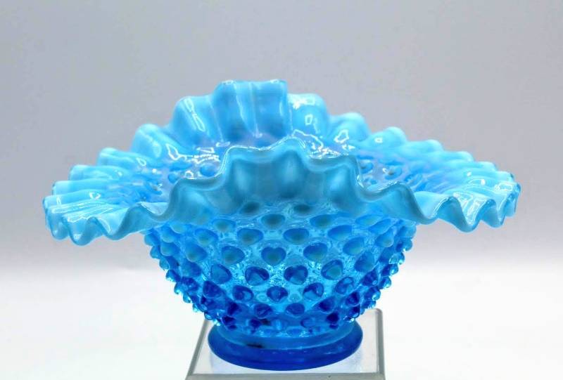 lot 1893 image: Blue Fenton Glass Hobnail Bowl 7 wide by 4 tall