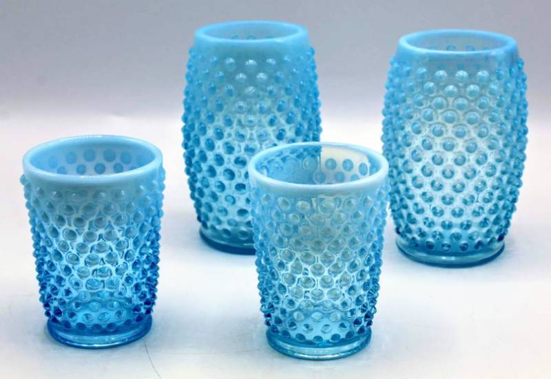 lot 1894 image: Blue Fenton Glass Hobnail Glasses, Two 4.75 tall and Two 3.25 tall
