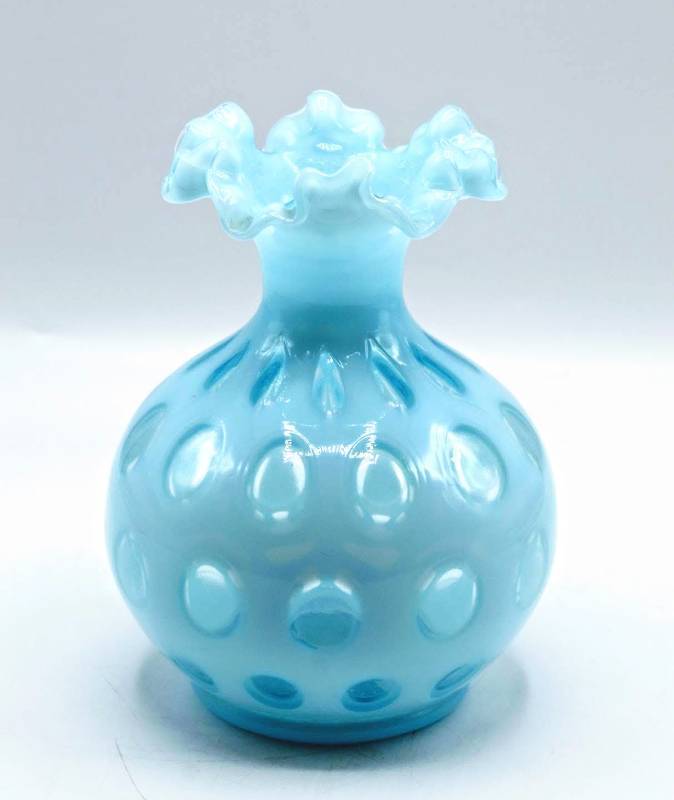 lot 1896 image: Blue Fenton Glass Vase 6.75 Tall by 5 wide