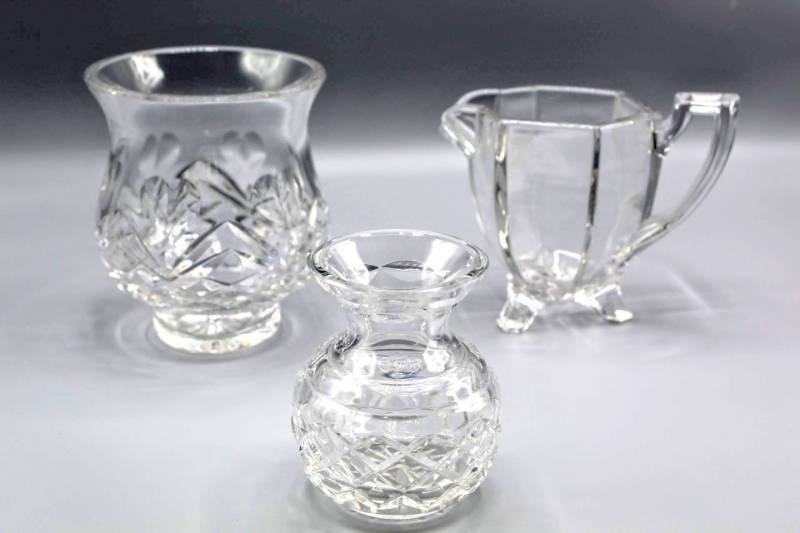 lot 1908 image: Vintage 3 Piece Lot of Cut Glass, Crystal Vase and Krystol 3 Footed Creamer