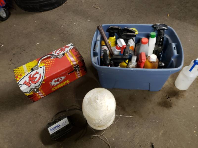 lot 3018 image: Kansas City Chiefs Tool Box with Contents, Tote Full of Cleaning Products, and More