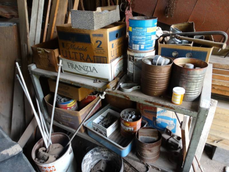lot 2981 image: Shelf unit w contents- Large lot of various chain link fence parts