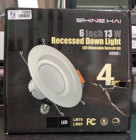 lot 1205 image: Shine Hai 6 Inch 13 W Recessed Down Light LED Dimmable Retrofit Kit, 4000K