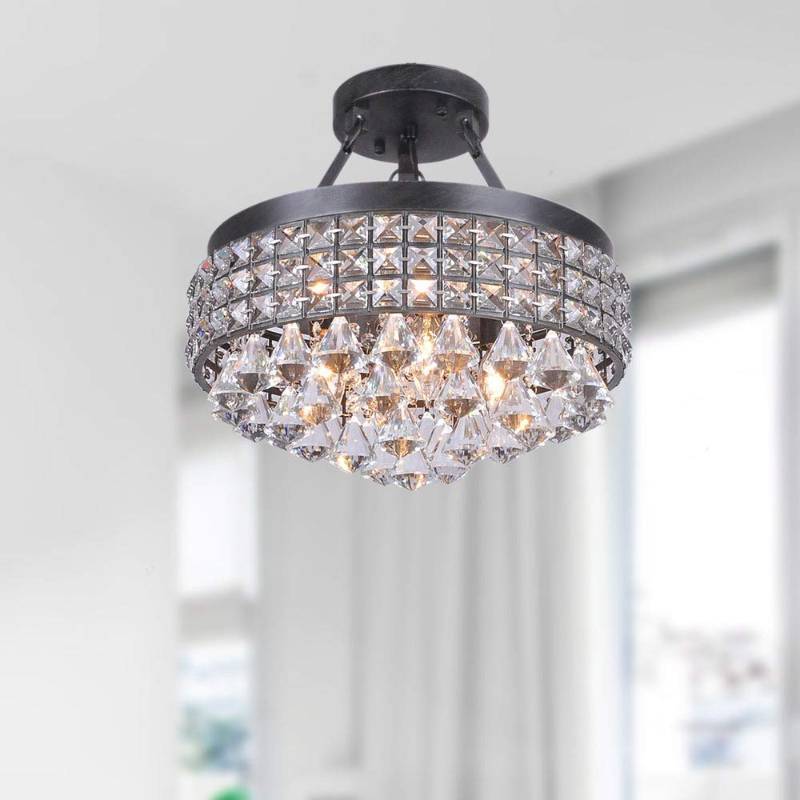lot 1247 image: Antonia 4-Light Crystal Semi-Flush Mount Chandelier with Antique Black Iron Shade