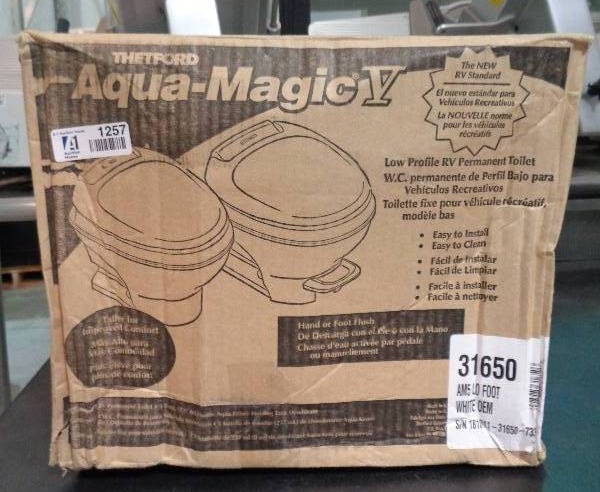 lot 1257 image: Thetford 31650 Aqua Magic V Foot Pedal Flush Plastic Low Profile Toilet