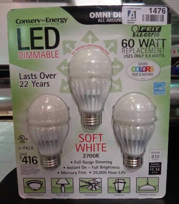 lot 1476 image: Feit Electric 60 Watt Replacement - Omni Directional - LED Dimmable - 3 Pack