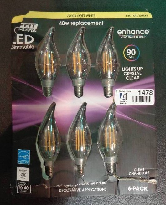 lot 1478 image: Feit Electric Led Chandelier Bulbs 40W 6 Pack Soft White
