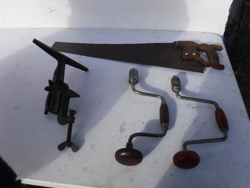 lot 6762 image: Vintage hand tools- Saw Vise, saw and hand drills