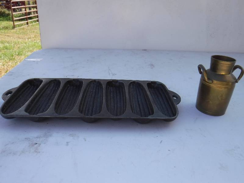 lot 6778 image: cast iron corn stick pan and mini milk can