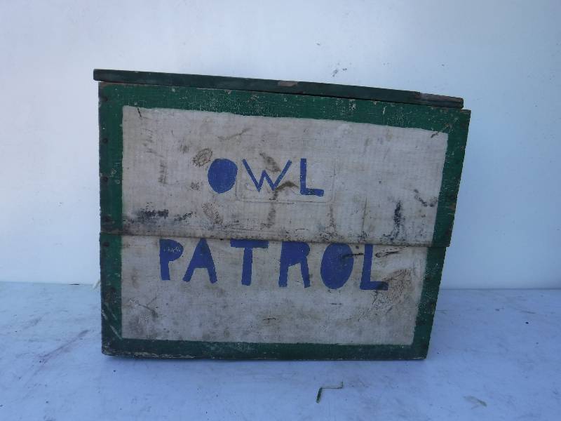 lot 6813 image: Wood crate marked owl patrol- needs some love