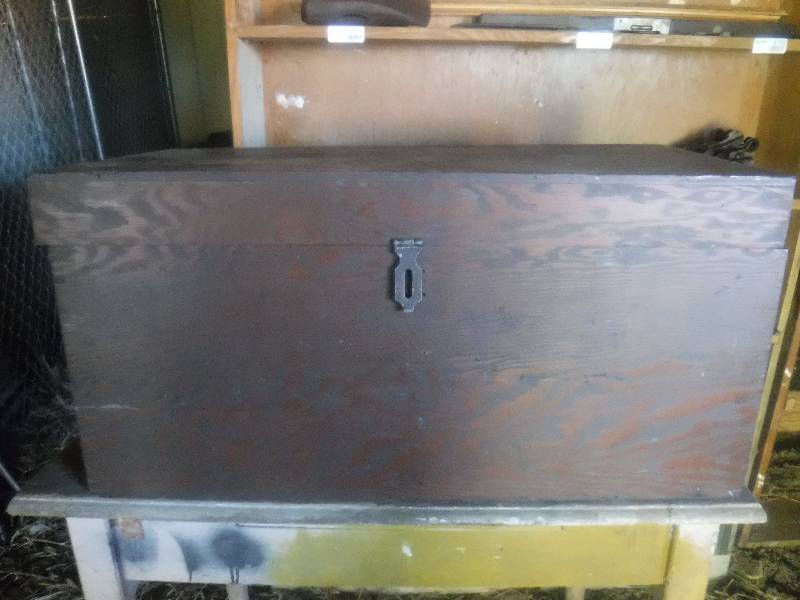 lot 2859 image: Wood trunk with handles and boots