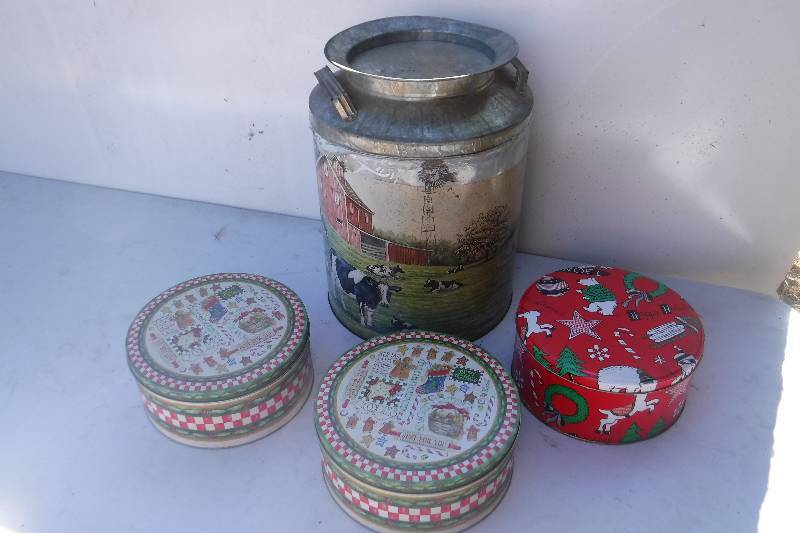 lot 7527 image: milk can and cookie tins