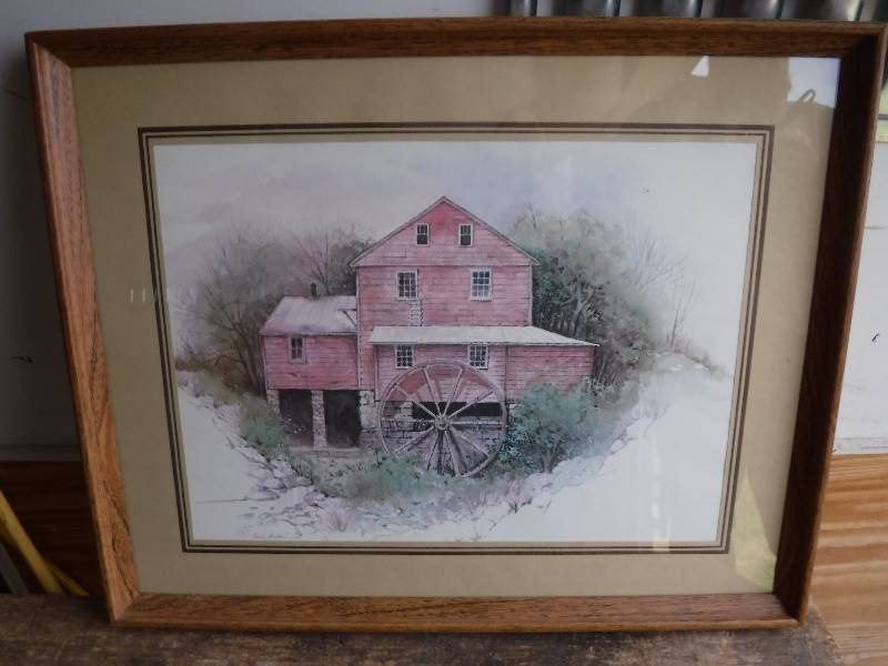 lot 7609 image: Framed water wheel house print