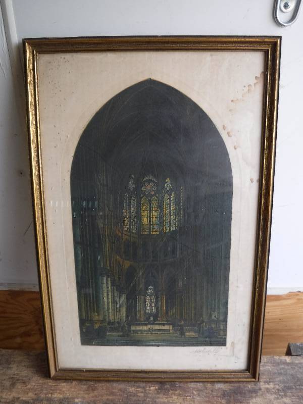 lot 7613 image: Framed dated and signed art print- some damage around the frame