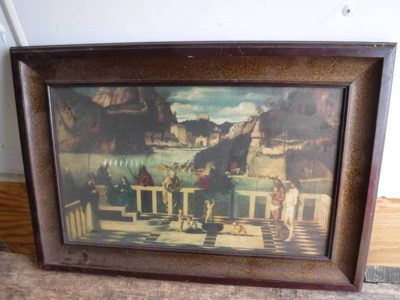lot 7614 image: Framed Greek Scene art with vintage stamps on the back