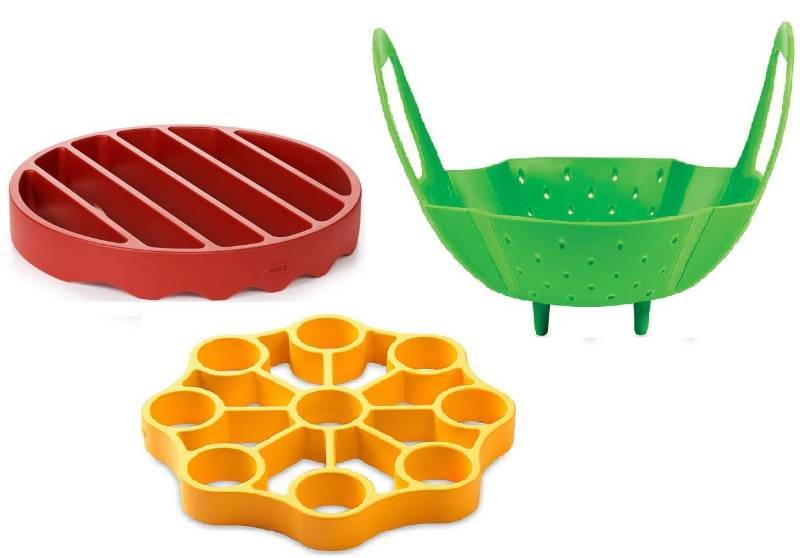 lot 1556 image: OXO Silicone Pressure Cooker Set 3 Piece Egg Steamer Basket Cooking Rack, Red Yellow Green