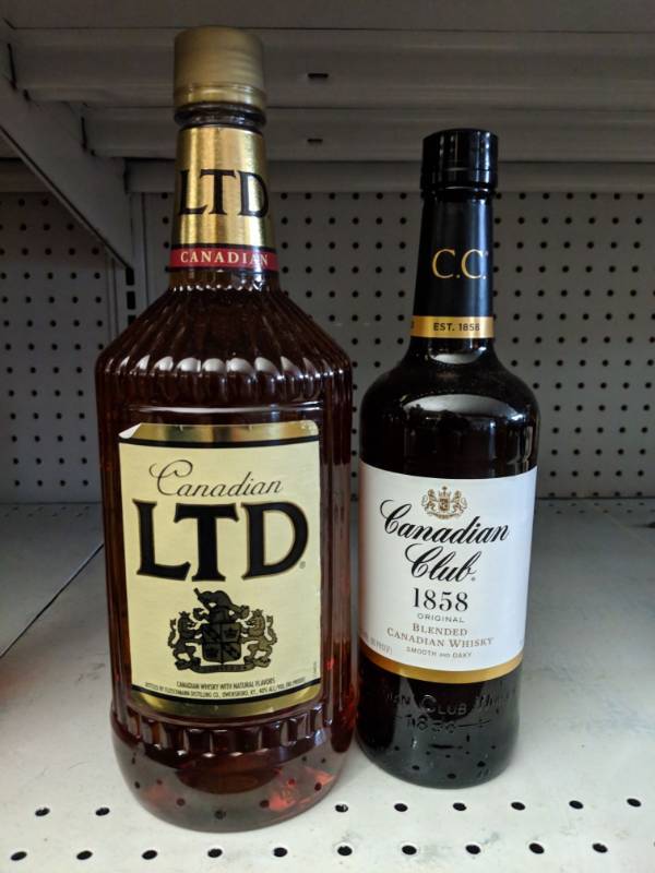 lot 8623 image: (2) Canadian Whisky Bottles, Canadian Club 1858 Original Blended Canadian Whisky, Canadian LTD Canadian Whisky