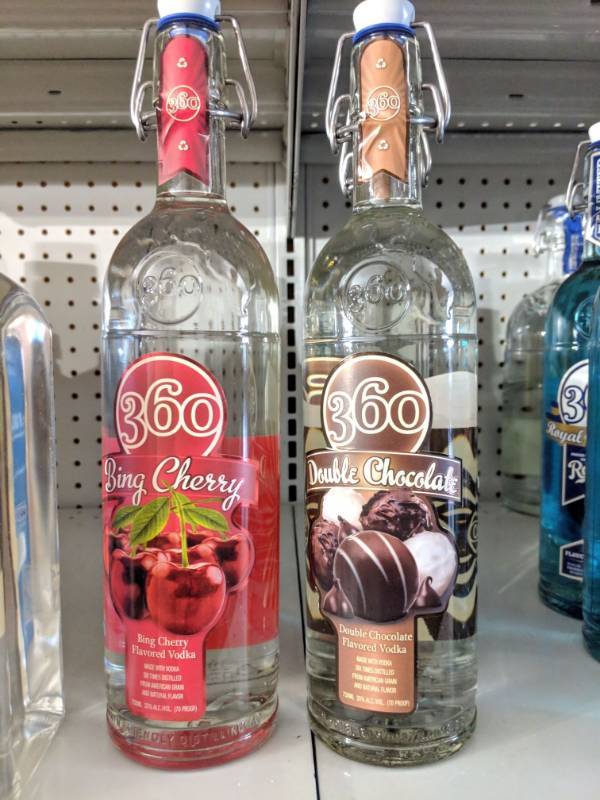 lot 9068 image: (3) Bottles of 360 Flavored Vodka 35Per Alc By Vol, (1) Bing Cherry Flavored Vodka, (2) Double Chocolate Flavored Vodka