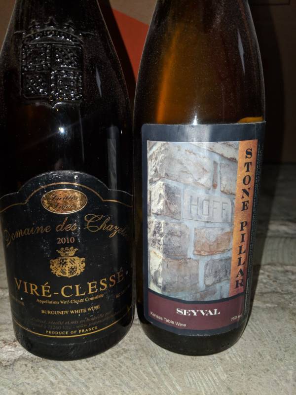 lot 9587 image: (3) 750mL White Wine, (2) Domaine Des Chazelles Burgundy Whte Wine 13.5 Perc Alc By Vol, (1) Stone Pillar Seyval Kansas Table Wine