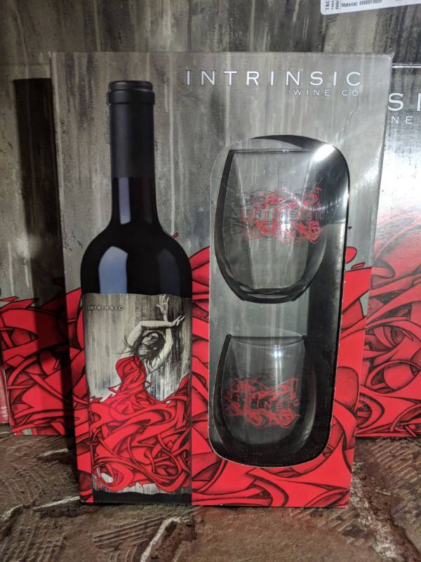 lot 9592 image: (3)750mL Intrinsic Wine Co 2016 Cabernet Sauvignon Gift Set, Includes Two Glasses 14.5Perc Alc By Vol