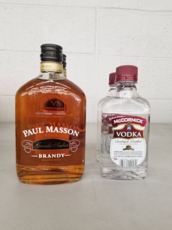 lot 15018 image: (2) Paul Masson Brandy 375ML, (3) McCormick Vodka 200ML