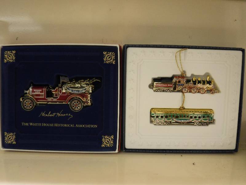 lot 10082 image: The White house Christmas tree ornaments- vintage car and train