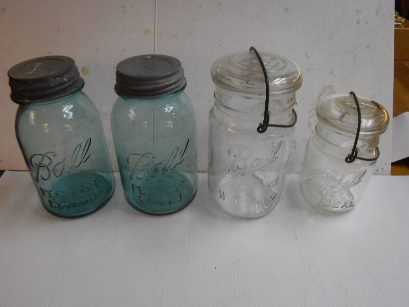 lot 10097 image: Vintage jar lot- includes blue ball number 2 with zinc lid and more