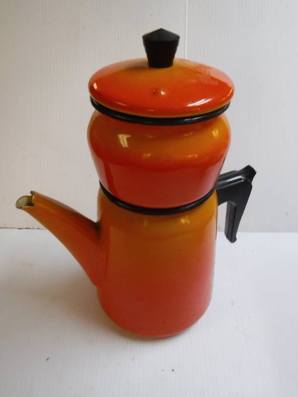 lot 10116 image: Orange Made in France Enamel coffee or tea percolator pot