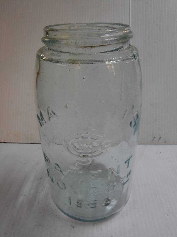 lot 10123 image: Vintage Mason Ball Jar- blueish green glass- rough lip