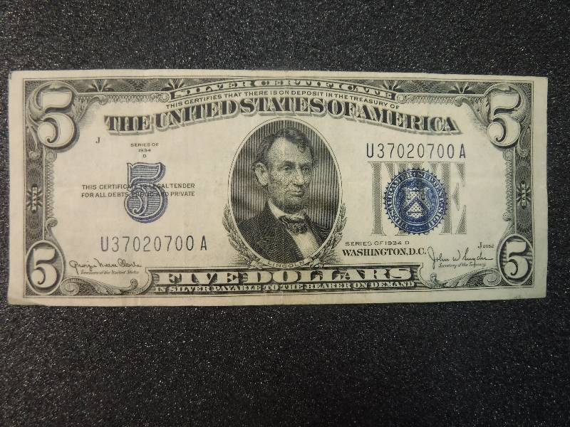 lot 9857 image: Five Dollar Blue Seal Silver Certificate Series 1934 D