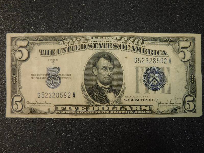 lot 9858 image: Five Dollar Blue Seal Silver Certificate Series 1934 D
