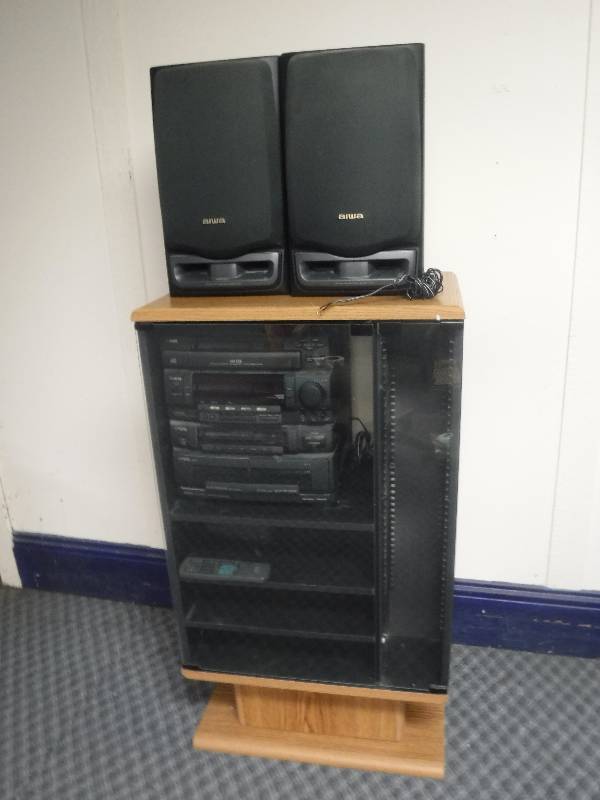 lot 12289 image: Cabinet with Stereo and Speakers