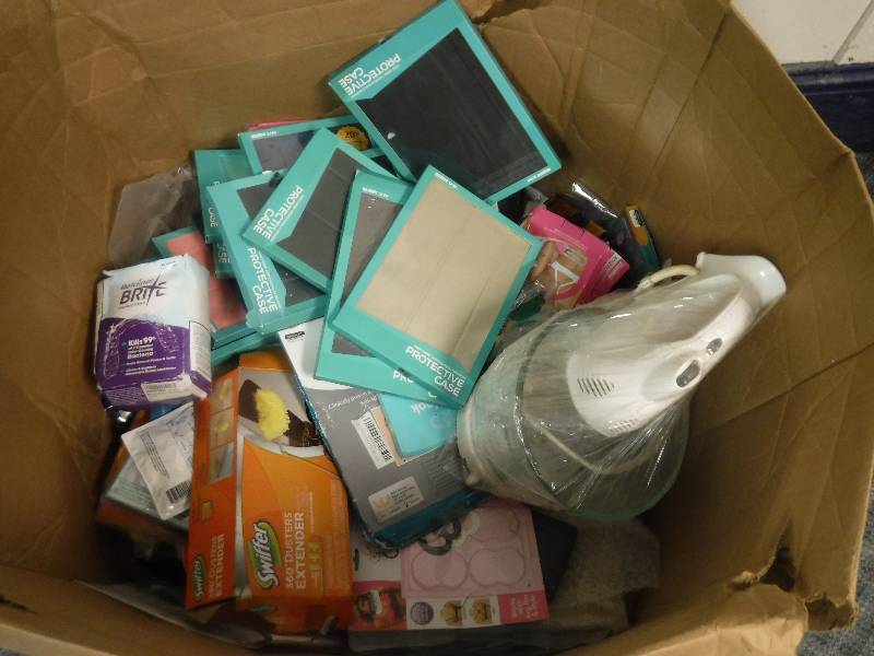lot 12302 image: Box of mixed items -- Tablet and Phone Cases, Electric Mixer, and Many More